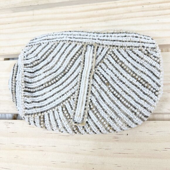 Vintage Gold White & Cream Micro Beaded Handmade Clutch Zipper Closure - Picture 4 of 4